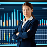 A professional businesswoman in a modest business suit, standing confidently and looking at a transparent digital display. The display shows a compass overlaid with glowing data points and charts, symbolizing strategic lead scoring guidance. The background is a clean, modern data analysis center with soft ambient lighting, slightly blurred to emphasize the subject. Perfect anatomy, correct proportions, natural pose, well-formed hands, proper finger count, natural body proportions. Professional photography, high resolution, sharp focus, vibrant colors, ultra-detailed, professional dress, fully clothed, safe for work, appropriate content, family-friendly.