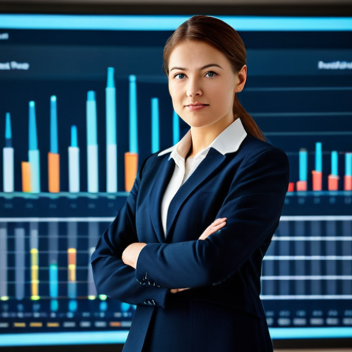 A professional businesswoman in a modest business suit, standing confidently and looking at a transparent digital display. The display shows a compass overlaid with glowing data points and charts, symbolizing strategic lead scoring guidance. The background is a clean, modern data analysis center with soft ambient lighting, slightly blurred to emphasize the subject. Perfect anatomy, correct proportions, natural pose, well-formed hands, proper finger count, natural body proportions. Professional photography, high resolution, sharp focus, vibrant colors, ultra-detailed, professional dress, fully clothed, safe for work, appropriate content, family-friendly.