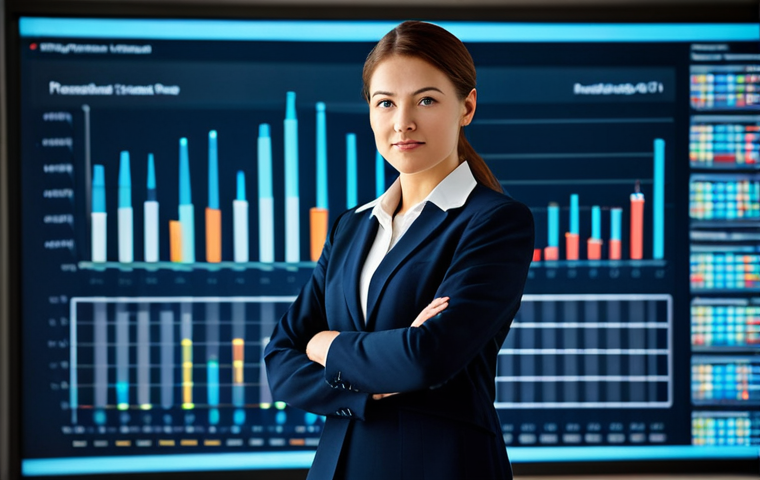A professional businesswoman in a modest business suit, standing confidently and looking at a transparent digital display. The display shows a compass overlaid with glowing data points and charts, symbolizing strategic lead scoring guidance. The background is a clean, modern data analysis center with soft ambient lighting, slightly blurred to emphasize the subject. Perfect anatomy, correct proportions, natural pose, well-formed hands, proper finger count, natural body proportions. Professional photography, high resolution, sharp focus, vibrant colors, ultra-detailed, professional dress, fully clothed, safe for work, appropriate content, family-friendly.