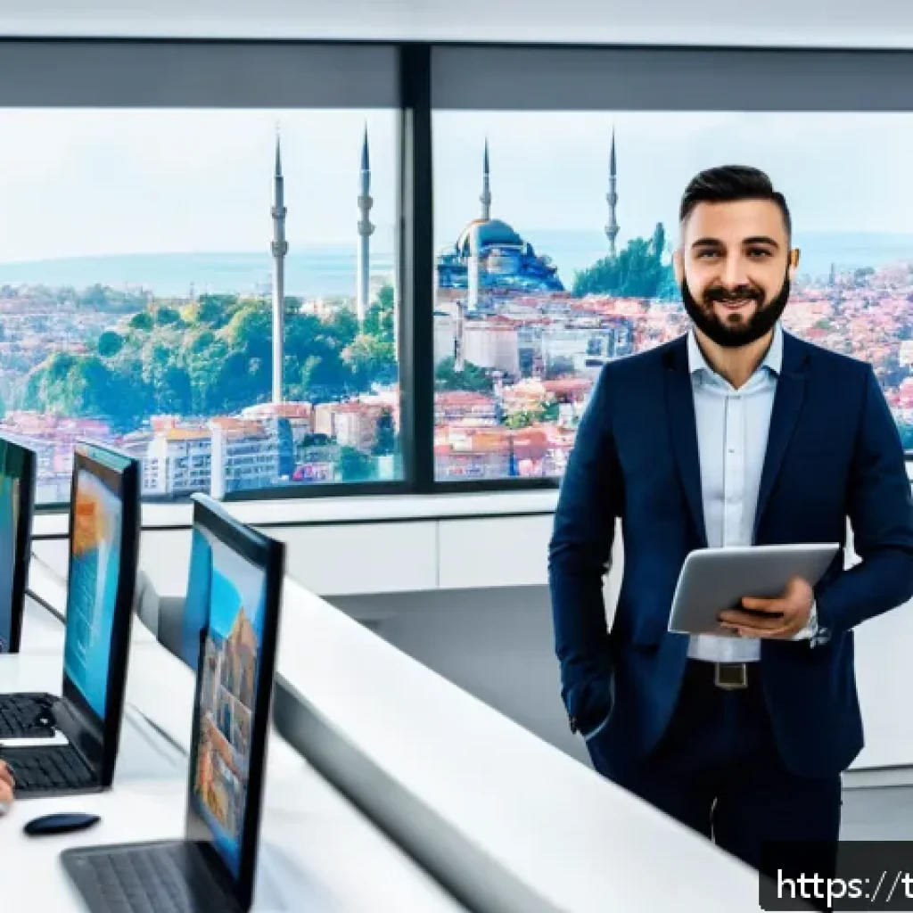 세일즈 퍼널 자동화를 통한 효율성 증대 - A modern Turkish office environment showing a diverse sales team actively using CRM software on mult...