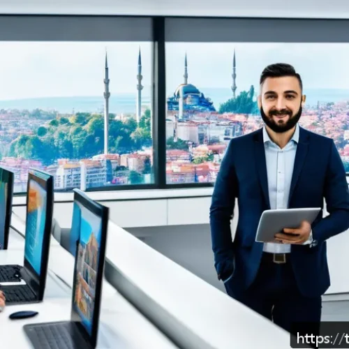 Home 33 세일즈 퍼널 자동화를 통한 효율성 증대 - A modern Turkish office environment showing a diverse sales team actively using CRM software on mult...