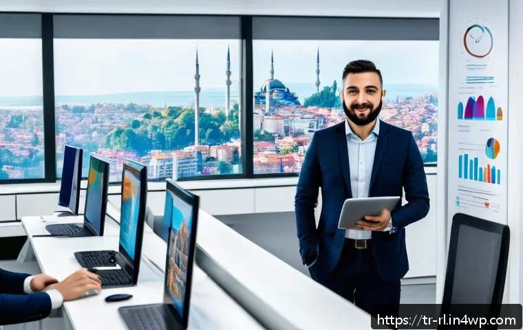 세일즈 퍼널 자동화를 통한 효율성 증대 - A modern Turkish office environment showing a diverse sales team actively using CRM software on mult...