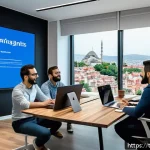 Home 20 세일즈 퍼널 단계별 최적화 접근법 - A modern digital marketing team in a sleek Istanbul office, diverse professionals collaborating arou...