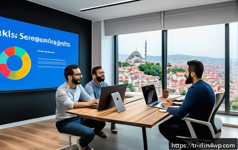 세일즈 퍼널 단계별 최적화 접근법 - A modern digital marketing team in a sleek Istanbul office, diverse professionals collaborating arou...