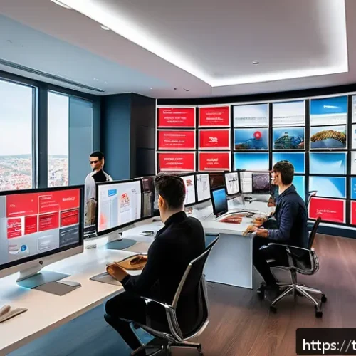 Home 30 세일즈 퍼널에서의 효과적인 브랜드 메시지 전달 - A modern digital marketing office scene showcasing a diverse Turkish marketing team analyzing behavi...
