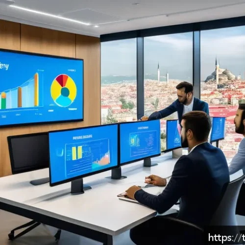 Home 17 세일즈 퍼널에서의 리드 관리 기법 - A modern Turkish office environment showing a diverse sales and marketing team collaborating around ...
