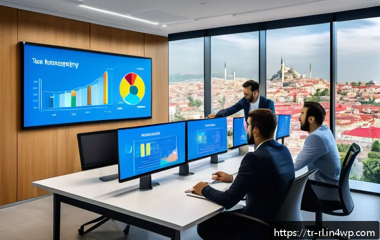 세일즈 퍼널에서의 리드 관리 기법 - A modern Turkish office environment showing a diverse sales and marketing team collaborating around ...